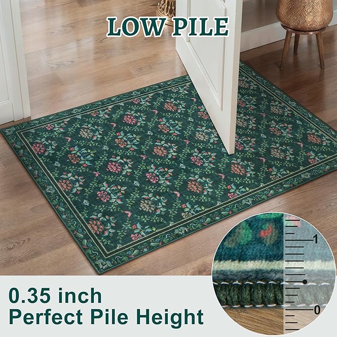 Tangsoo 5x7 Washable Area Rug, Non Slip Moroccan Trellis Green Floral Indoor Rug, Soft Low Pile Floor Carpet for Living Room, Bedroom, Dining Room, Pet & Child Friendly Room Decor, Easy to Clean