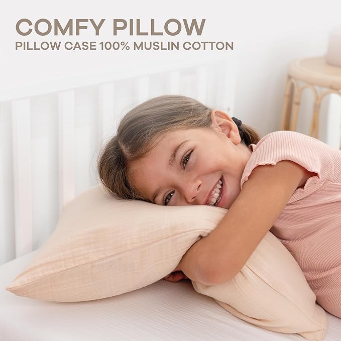 Comfy Cubs Toddler Pillow with Muslin Pillowcase, 13 x 18 in, 2 Pack - Travel and Sleep Support for Kids - Lightweight, Breathable Microfiber Fill - Soft and Cozy Small Pillow for Toddlers - Cream