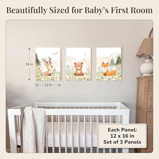 Woodland Nursery Wall Art – Set of 3 Neutral 12×16” Animal Canvas Prints (Deer, Bear, Fox), Printed from Original Hand-Drawn Illustrations, Framed & Ready-to-Hang Baby Room Decor for Boys & Girls