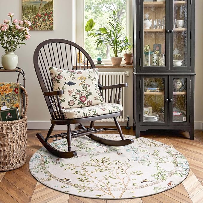 jinchan Yarden Round Rugs 4ft Ivory Botanical Birds Print Machine Washable 4' Circle Nature Plants Modern Soft Non Slip Throw Area Rugs Ultra Thin Low Pile Carpet for Entryway Bedroom Kids Room