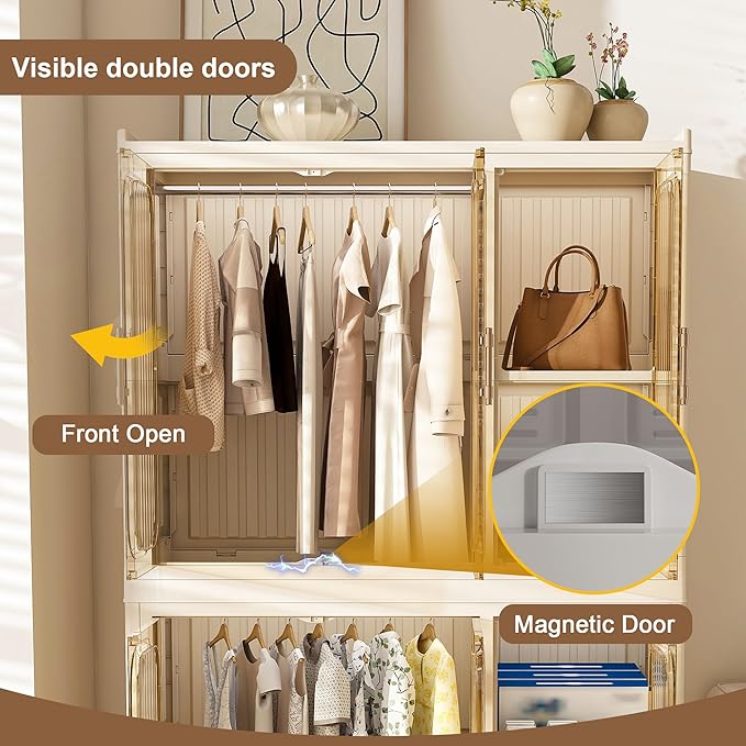 Portable Closet Wardrobe, Foldable Clothes Organizer with 6Cubes Storage, Easy Assemble Clothing Organizer with Magnet Doors, Wardrobe Storage Cabinet For Kids,Baby,Adult (36"L x 62"H(Upgrade))