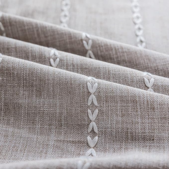 Deeprove Boho Curtain 63 Inches Length for Bedroom Living Room, Cotton Linen Weighted Taupe Stripes Embroidery, Semi Blackout Bohemian Retro Window Treatment Drape Tassels 1 Panel W52 x L63 Natural