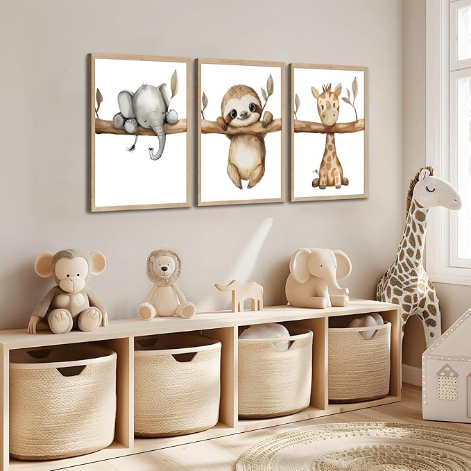3Pcs Nursery Animal Wall Art Safari Nursery Canvas Poster Prints Jungle Kids Painting Cute Animal Elephant Sloth Giraffe Artwork Picture Wall Decor for Boys Room Girls Room 16x24in Unframed