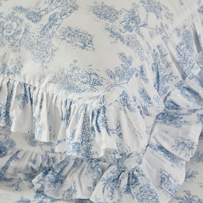 Brandream French Country Garden Toile Floral Duvet Quilt Cover King Size 100% Cotton Bedding Set Toile Tapestry Pattern Blossom Tree Branches Delicate Ruffle Fringe Design