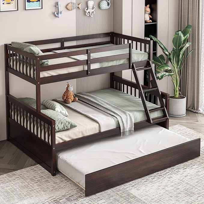 KOMFOTT Wood Twin Over Full Bunk Bed with Trundle, Bed Frame with Solid Pine Wood Frame, Space-Saving Bunk Bed with Ladder & Safety Guardrails, No Box Spring Needed