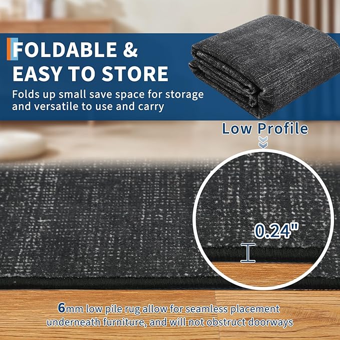 Area Rug 4x6 Washable Bedroom Rugs Non Slip Modern Solid Color Large Living Room Throw Carpet Low Pile Minimalist Kitchen Rug Plain Accent Rug Mat Classic Boho Area Rugs for Nursery Entryway, Black