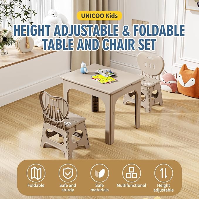 UNICOO® Kids Foldable & Height Adjustable Table Set w/2 Folding Chairs, Compact, Collapsible & Portable, Toddler Activity, Picnic Table, Card Table, Indoor/Outdoor (699) (Khaki)