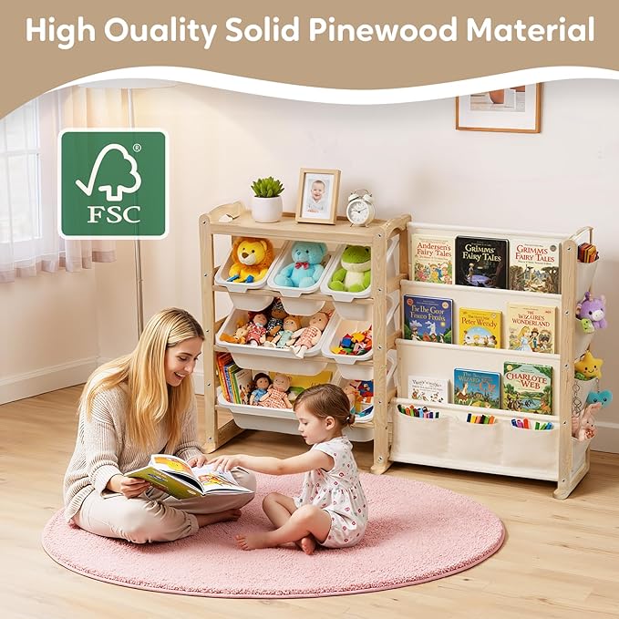 Fodoss Book Shelf for Kids Rooms - Kids Bookshelf with 7 Bins, Baby Bookcase with Solid Wood, Side Storage Pockets, Playroom Room, Large Toy Storage for Nursery, Natural Pine