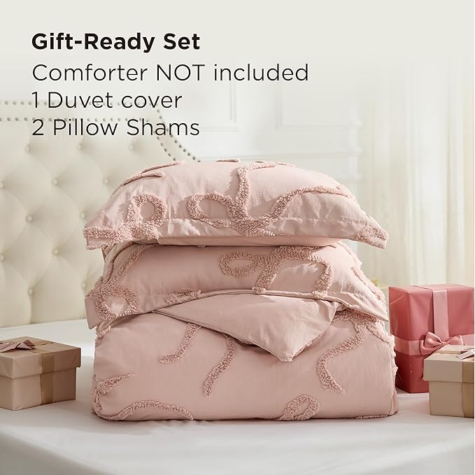 Bedsure Boho Duvet Cover King Size - Rose Pink Tufted Boho Bedding, Farmhouse Shabby Chic Embroidery Bedding for All Seasons, 3 Pieces, 1 Soft Jacquard King Comforter Cover and 2 Pillow Shams