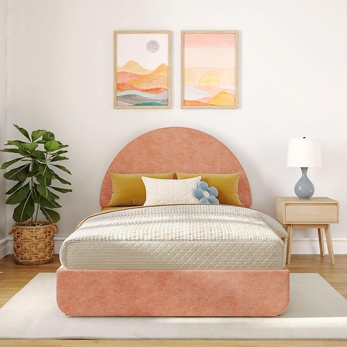 Max & Lily Upholstered Full Bed Frame with Arch Headboard with 1 Drawer End Storage, Upholstered Platform Bed for Kids, No Box Spring Needed, Easy Assembly, Dusty Rose