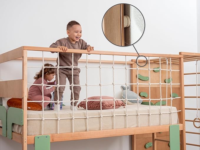 BUSY WOOD Montessori Floor Bed with Rails - Kids Twin Bunk Bed with Storage - Gym Complex for Kids - Jungle Gym Bedframe (BunkBed+Table+2 Drawers (Half-Depth))