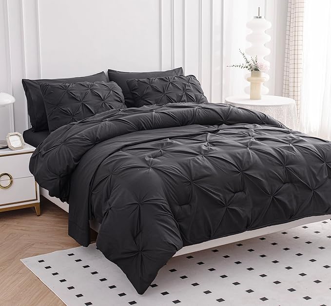 LANE LINEN Twin Comforter Set, 5 Piece Bedding Set, Pintuck Bed in a Bag, Bedding Comforter Set with Sheets, Pillowcase & Sham - Twin XL, Grey