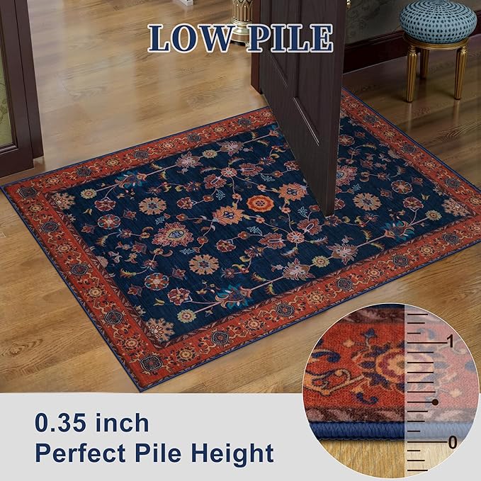 Tangsoo Washable Runner Rug for Hallway Non Slip, 2.6x8 Boho Floral Vintage Carpet Runner Rugs for Entryway, Floor Low Pile Runners for Kitchen Bathroom Laundry Bedroom Alfombra Red Blue Farmhouse