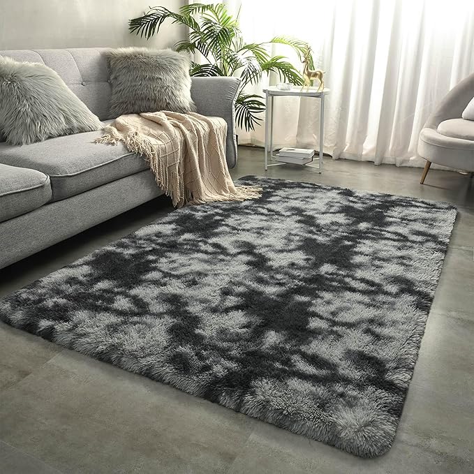 Merelax Soft Area Rugs for Livingroom Bedroom, Shaggy Plush Fuzzy Fluffy Carpet Furry Fur Rug, Modern Indoor Comfy Nursery Kids Dorm Home Decor Floor Mat, 5 x 8 ft, Tie-Dyed Black & Grey