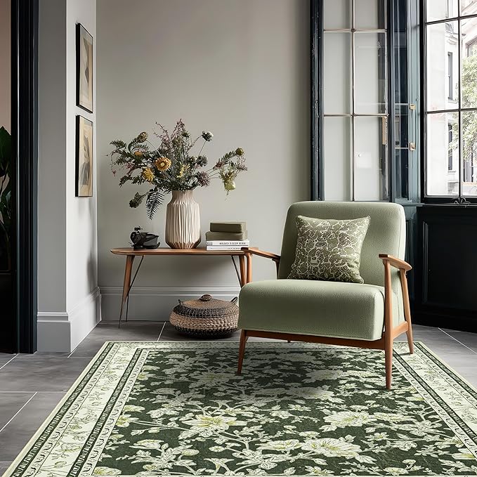 Olive Green Floral Print Area Rugs for Bedroom Living Room Boho Farmhouse Country Rustic Dining Room Carpet Soft Washable Rugs Non Slip Floor Covering for Nursery Playroom 4x6