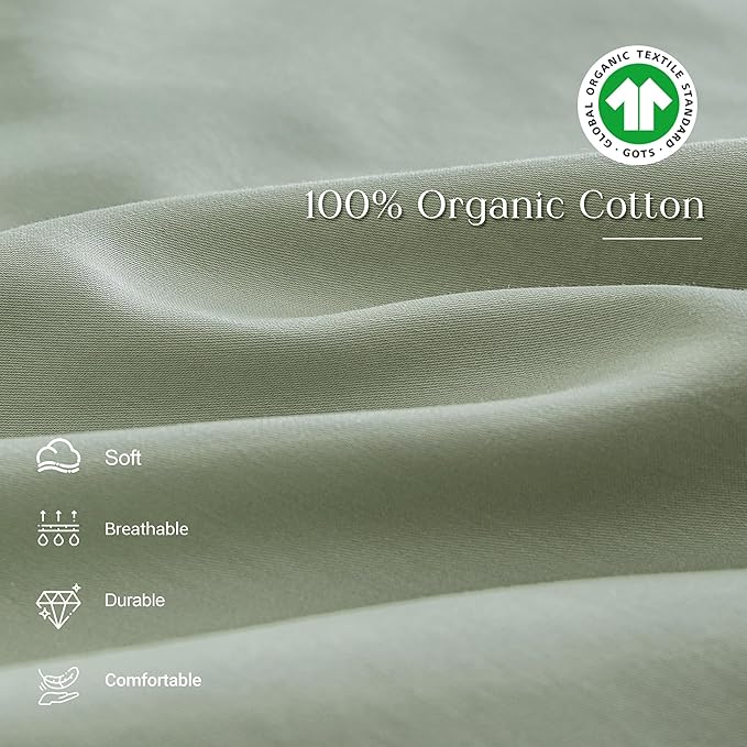 Simple&Opulence Kids 100% Organic Cotton King Duvet Cover Ruffle 3Pcs(1 Comforter Cover 2 Pillowcases) Cute Lace Vintage Boho Shabby Chic Farmhouse Bedding Set Teen Girls(Sage Green, King)