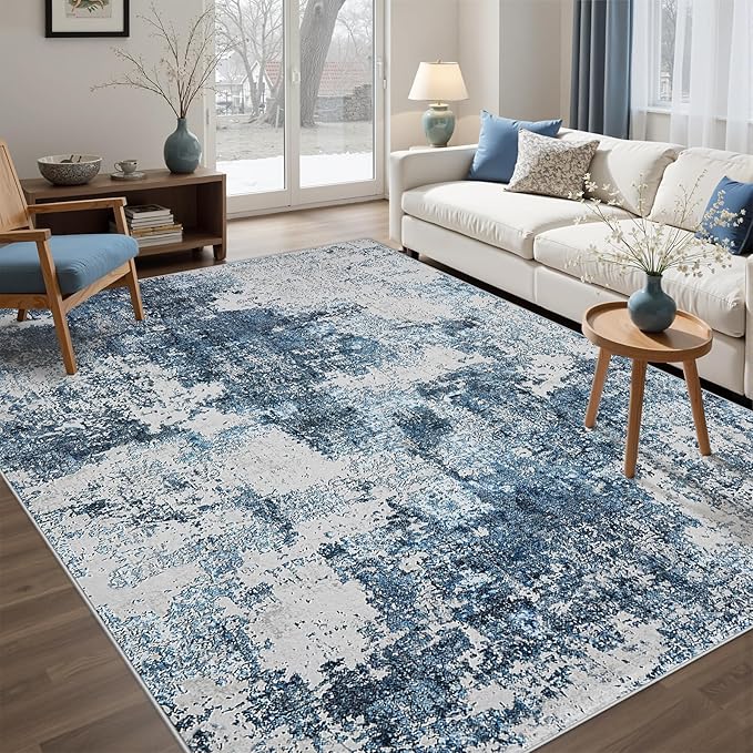4x6 Rugs for Living Room Bedroom: Soft Washable Rug with Anti-Slip Backing Low Pile Non-Shedding Stain-Resistant Abstract Large Area Rug for Dining Room Nursery Entryway Home Office- Blue