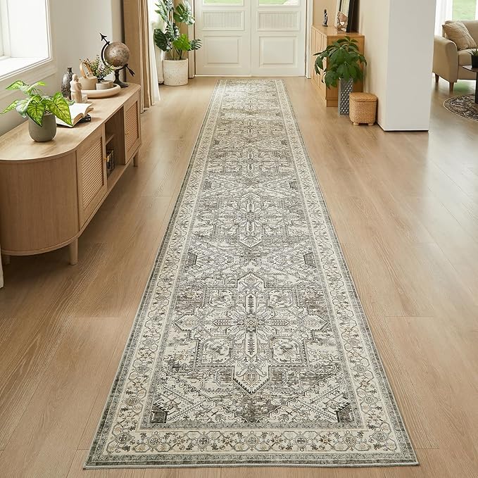WITSHOCK 3x20 Extra Long Runner Rug for Hallway: Washable Boho Low Pile Stain Resistant Foldable Floor Carpet for Bedroom Entryway Bathroom Kitchen, Distressed Farmhouse Rug, Brown/Lvory, 36″x240″