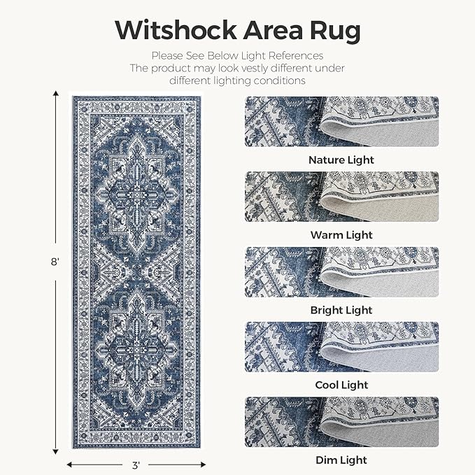 WITSHOCK Living Room Area Rugs 3x8: Washable Rug Boho Soft Non-Slip Low Pile Stain Resistant Foldable Carpet for Bedroom Playroom Dining Room Office Kitchen Farmhouse Home Decor Rug-Blue