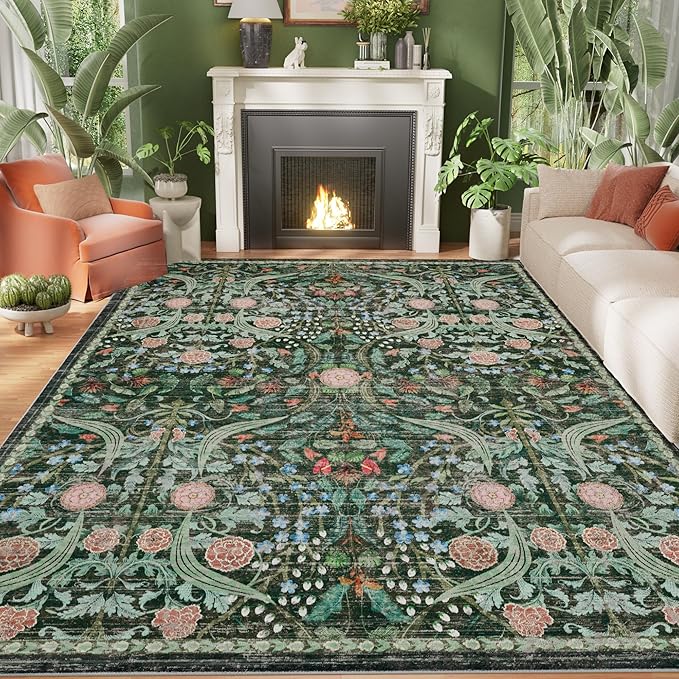 AMTOVO 6x9 Washable Area Rugs for Living Room, Non-Slip Large Soft Boho Floral Vintage Accent Print Carpet for Bedroom Dorm Nursery Room Dining Room Farmhouse Home Office, Dark Green