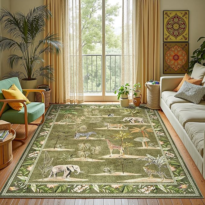 jinchan Jungle 5x7 Green Animals Print Living Room Rug, Machine Washable Soft Ultra-Thin Non-Slip Area Rug Throw Christmas Carpet for Bedroom Kids Playroom Dining Room Courtyard (5'x7', Green)