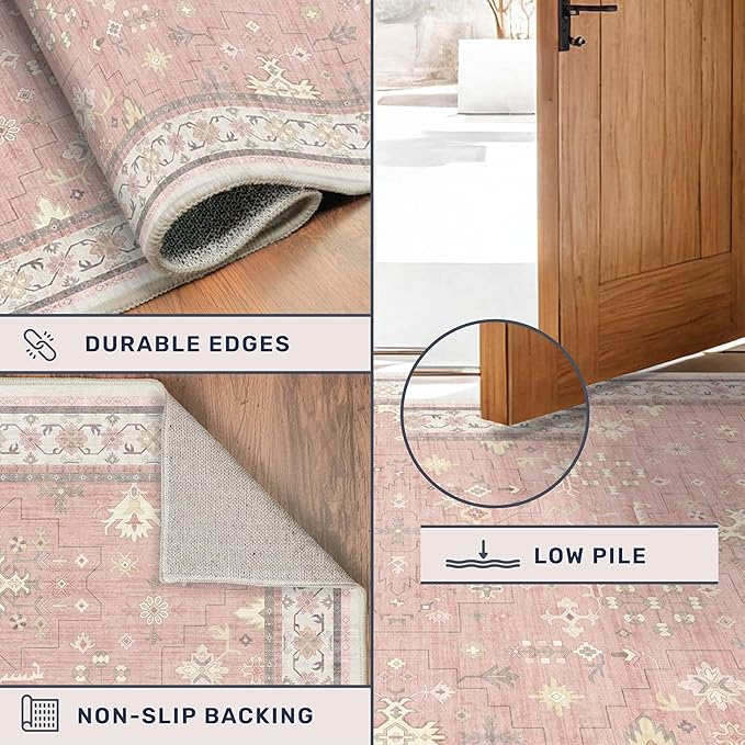 Pink Washable 6x9 Rug for Bedroom - Nursery Floral Girls Room Rug Machine Washable Non Slip Kids Playroom Mat, Cute Girly Thin Low Pile Stain Resistant Living Room Decor