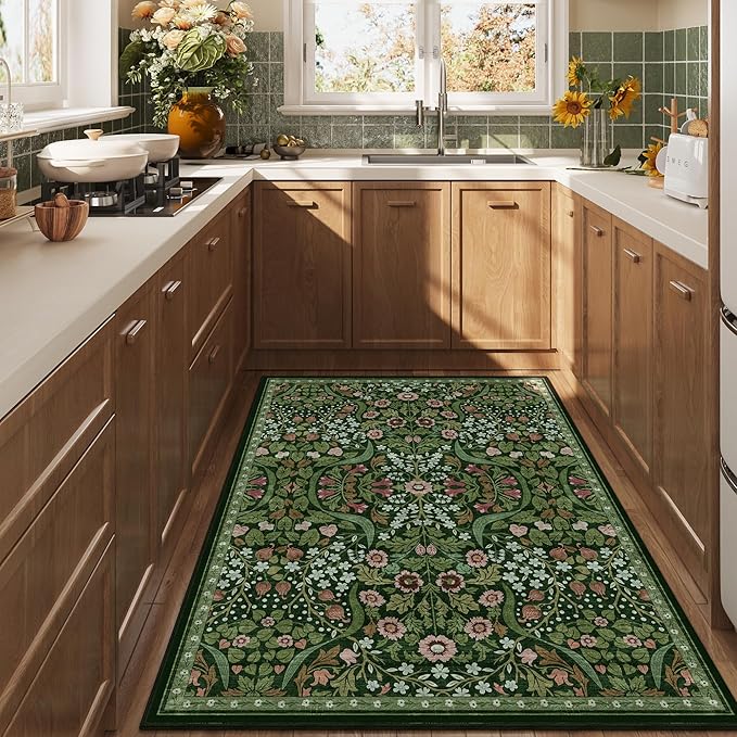 3x5 Floral Washable Area Rug for Kitchen, Non-Slip Soft Vintage Boho Carpet, Botanical Forest Green Small Low Pile Rugs for Bedroom, Entryway, Home Office, Dorm, Dark Green