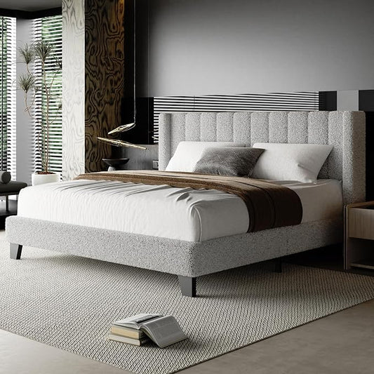 King Bed Frame with Headboard Upholstered Platform Bed Frame with Teddy Velvet Headboard, Wooden Slats Support/Wing Edge Design/No Box Spring Needed/Easy Assembly, Grey King