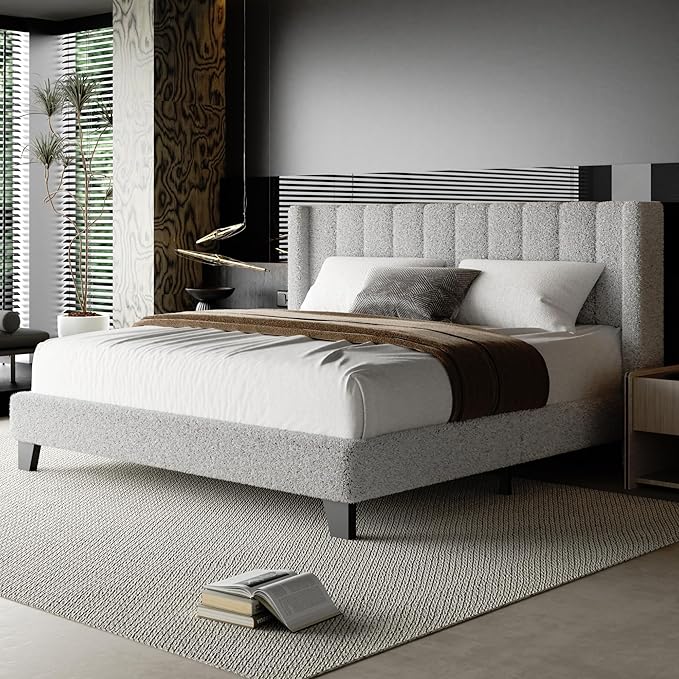 Queen Bed Frame with Headboard Upholstered Platform Bed Frame with Teddy Velvet Headboard, Wooden Slats Support/Wing Edge Design/No Box Spring Needed/Easy Assembly, Grey Queen