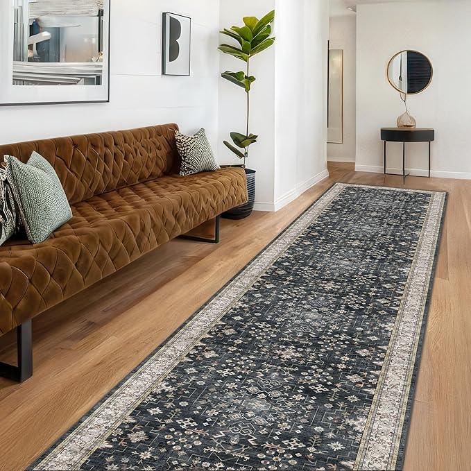 Black Boho Washable 3x12 Extra Long Runner Rug for Hallway, Waterproof Large Kitchen Floor Rug, Non-Slip Stain & Fade Resistant, Vintage Floral Decor