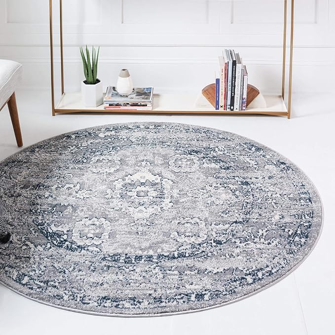Rugs.com Charleston Collection Rug – 5 Ft Round Gray Low-Pile Rug Perfect for Kitchens, Dining Rooms
