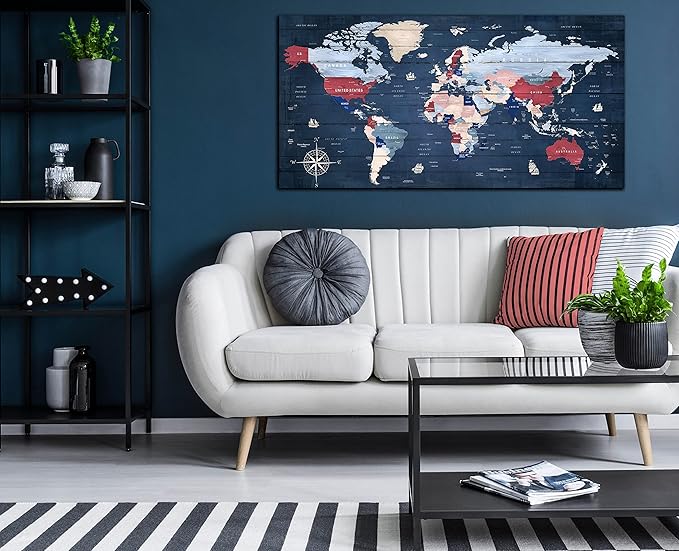 ZHAOSHOP World Map Wall-Art for Living Room - Blue Wall Decor for Teen Bedroom - Large Canvas Wall Art Stretched and Framed Ready to Hang Size 47" x 23"
