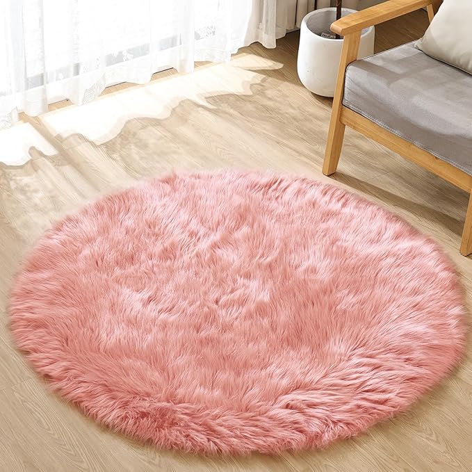 Pink Washable Fluffy Circle Rugs for Bedroom Small Faux Sheepskin Shag Fur Round Rugs 4ft Nursery Rug Cute Room