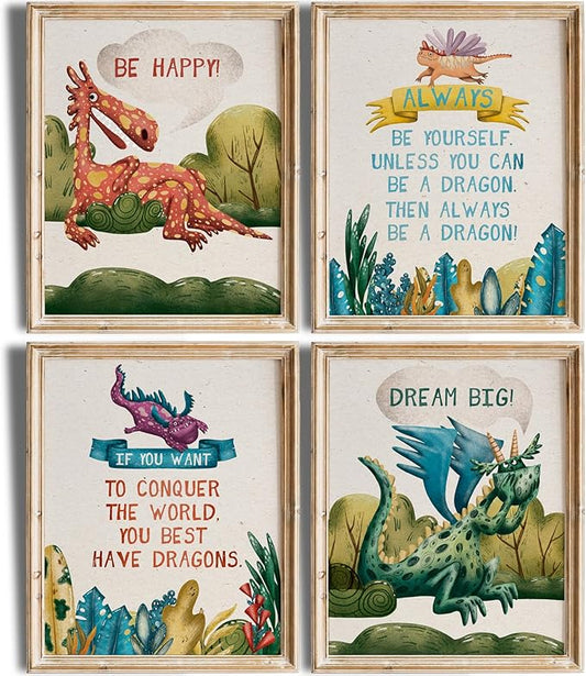 DREAM BIG PRINTABLES Dragon Art Prints (Set of 4) - Unframed - 11x14 | Wall Art for Home, Office, Kids Room, Bedroom, Classroom Decor