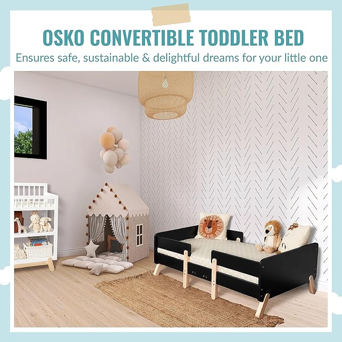 Dream On Me Osko Convertible Toddler Bed Made with Sustainable New Zealand Pinewood in Black, JPMA & Greenguard Gold Certified, Non-Toxic Finish
