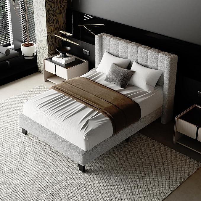 Full Bed Frame with Headboard Upholstered Platform Bed Frame with Teddy Velvet Headboard, Wooden Slats Support/Wing Edge Design/No Box Spring Needed/Easy Assembly, Grey Full