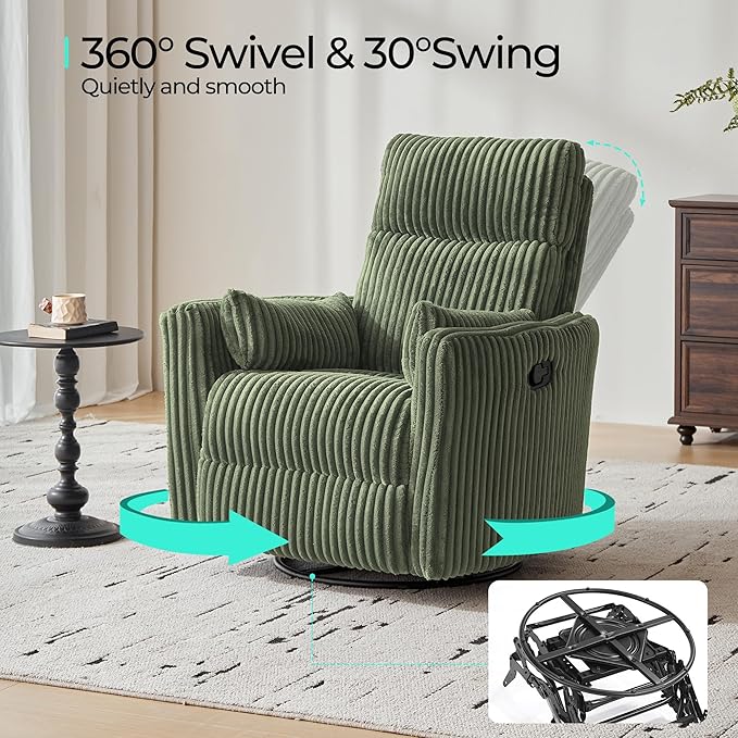 LINSY HOME 360 Swivel Nursery Rocking Chair with 2 Pillows, Corduroy High Back Adult Recliner for Small Spaces, Nursery Glider Rocker Chair, Bedroom Living Room Reclining Chairs (Green)