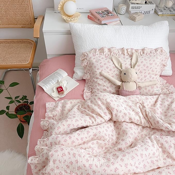 AOJIM Baby Muslin Duvet Cover with Pink Floral Patterns, 1pc Pure Cotton Kids Bedding Comforter Cover 2-layer Gauze 47X59'', Ruffled Design Baby Duvet Protector for Girls Boys, No Quilt or Pillowcases