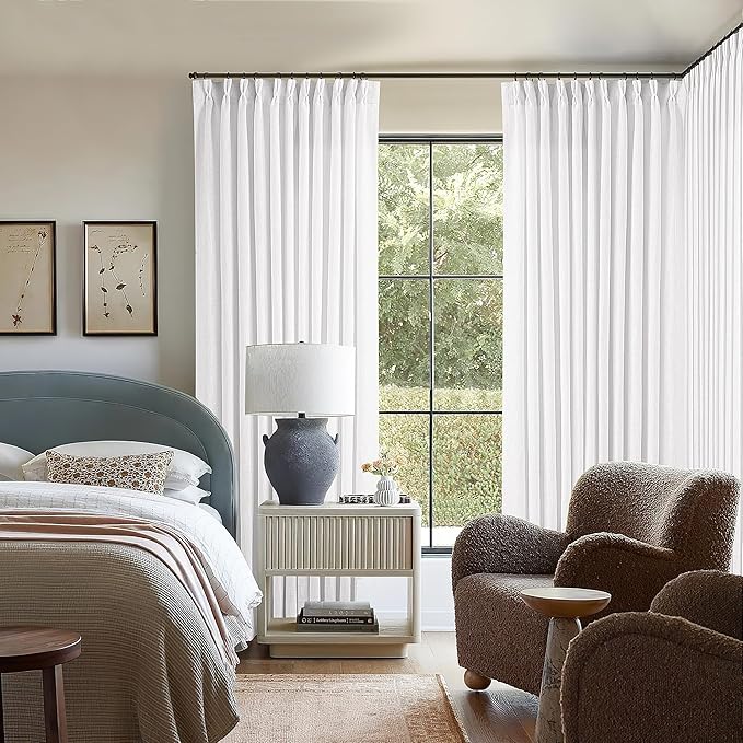 Extra Wide 102 Inch Long Curtains 70 Inch Width Pinch Pleat Linen Curtains for Living Room BedroomLight Filtering Privacy Pleated Hooks Rings Back Tab for Sliding Door White 1 Panel
