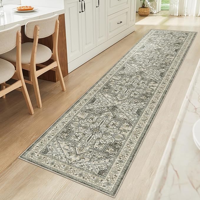 WITSHOCK 2x10 Long Runner Rug for Hallway: Washable Distressed Boho Low Pile Stain Resistant Foldable Carpet for Bedroom Kitchen Entryway Indoor Entrance, Oriental Farmhouse Floor Rug, Brown/Lvory