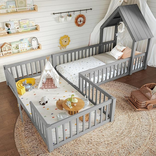 Harper & Bright Designs Twin Size House Shaped Double Floor Bed with Door and Full-Length Guardrails, Solid Wood Kids Montessori Floor Bed for Girls Boys, Multi-Function, Grey