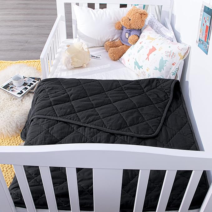 Down Alternative Toddler Comforter 39x47, Lightweight Warm Solid Color Baby Crib Quilted Blanket for Boys Girls, Black