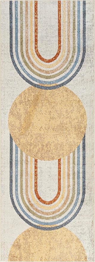 Mark&Day Washable Rugs, 3x7 Eliot Modern Beige Runner Area Rug, Beige Orange Blue Carpet for Hallway, Kitchen, Bedroom or Living Room (2'7" x 7'3" Runner, Machine Washable)