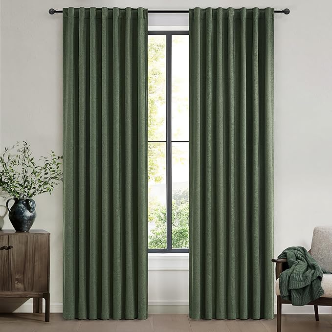102 Inch Farmhouse Style Curtains, Sound/Draft/Cold/Heat/Sun Blocking Curtains Retro Vintage Dark Green Spring Drapes Playroom,Office Olive Green (W50 x L102 2 Panels Hook, Rings Included)