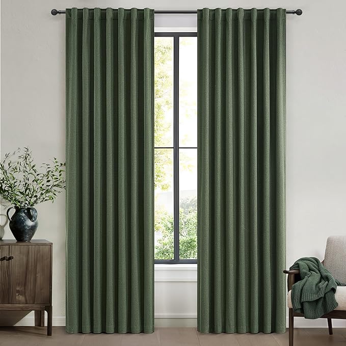 Dark Green Curtains 84 Inches Long, Blackout Spring Curtains for Living Room Cooling Heat Reflective Linen Look Vintage Drapes for Bedroom Back Tab Pleated (Olive,2Panels W50 xL84)