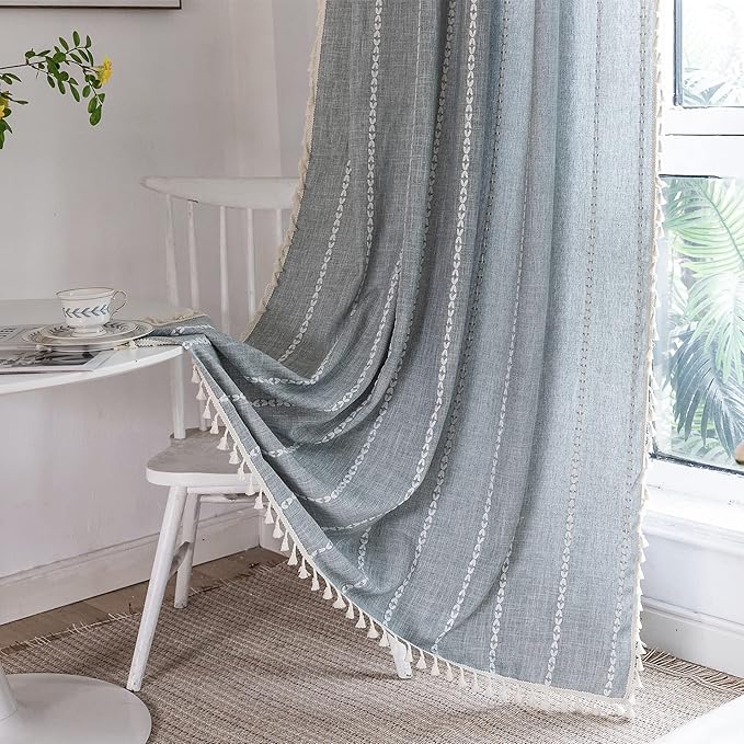 Deeprove Boho Curtains 84 Inches Long for Bedroom Living Room Kitchen, Cotton Linen Striped Embroidery Semi Blackout Bohemian Window Treatment Drape Handmade Tassels 1 Panel W52 x L84 Greyish -Blue