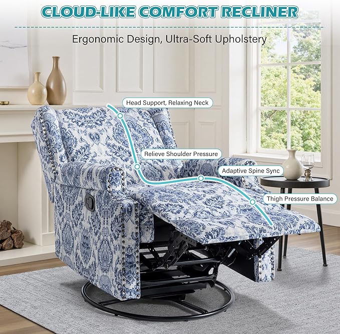 UIXE Floral Swivel Glider Recliner Chairs Set of 2, High Back Nursery Rocker Fabric Accent Chair for Living Room, Rivet Trim Upholstered Armchair Manual Reclining Sofa Seating - Navy Blue