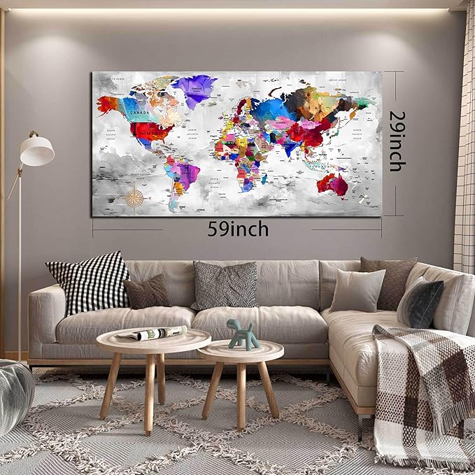 ZHAOSHOP World Maps for Wall Decor - Modern Art Wall Decor - Large Canvas Art Wall Decor for Living Room Size 29" x 59"
