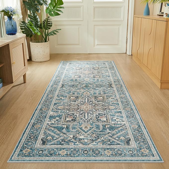 WITSHOCK 3x8 Kitchen Runner Rugs Teal: Washable Rug Boho Soft Low Pile Stain Resistant Foldable Carpet for Bedroom Hallway Entryway Indoor Entrance Bedside, Vintage Distressed Farmhouse Rug, 36″x96″