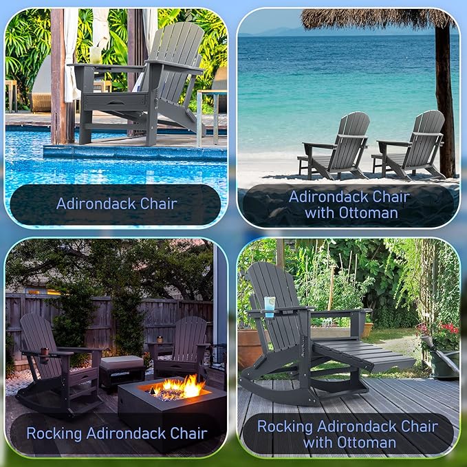 FUNBERRY Adirondack Rocking Chair, Multifunctional 4-in-1 Porch Rocker with Retractable Ottoman & Cup Holder HDPE All Weather